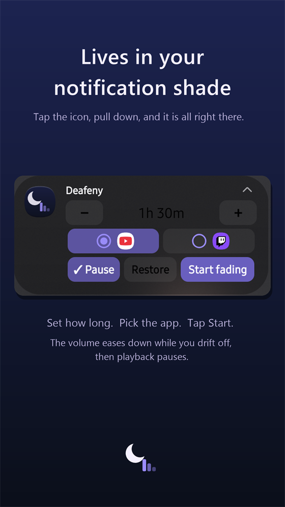 The Deafeny control panel inside the Android notification shade: fade length, YouTube or Twitch, Pause and Restore, Start fading