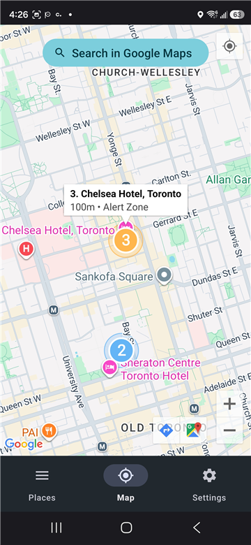 An Alert zone saved at the Chelsea Hotel