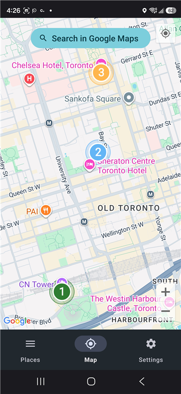 All three saved zones visible on the map
