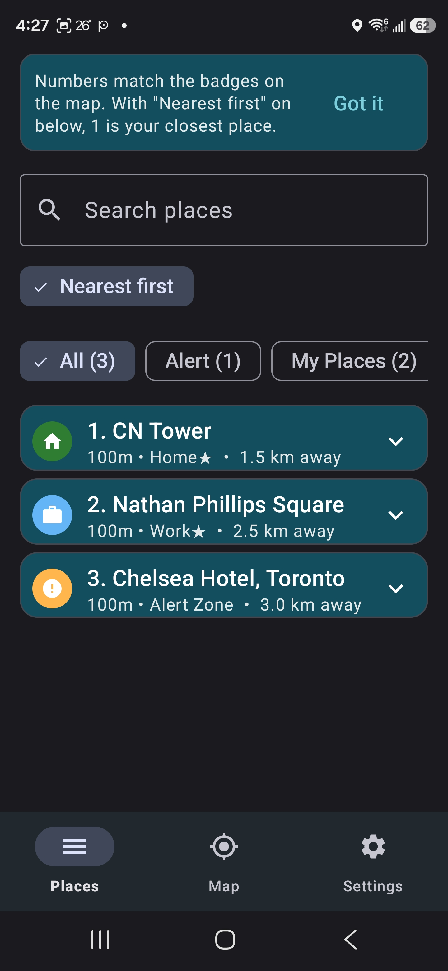 PazBy Places tab listing 3 saved zones with action drawers collapsed