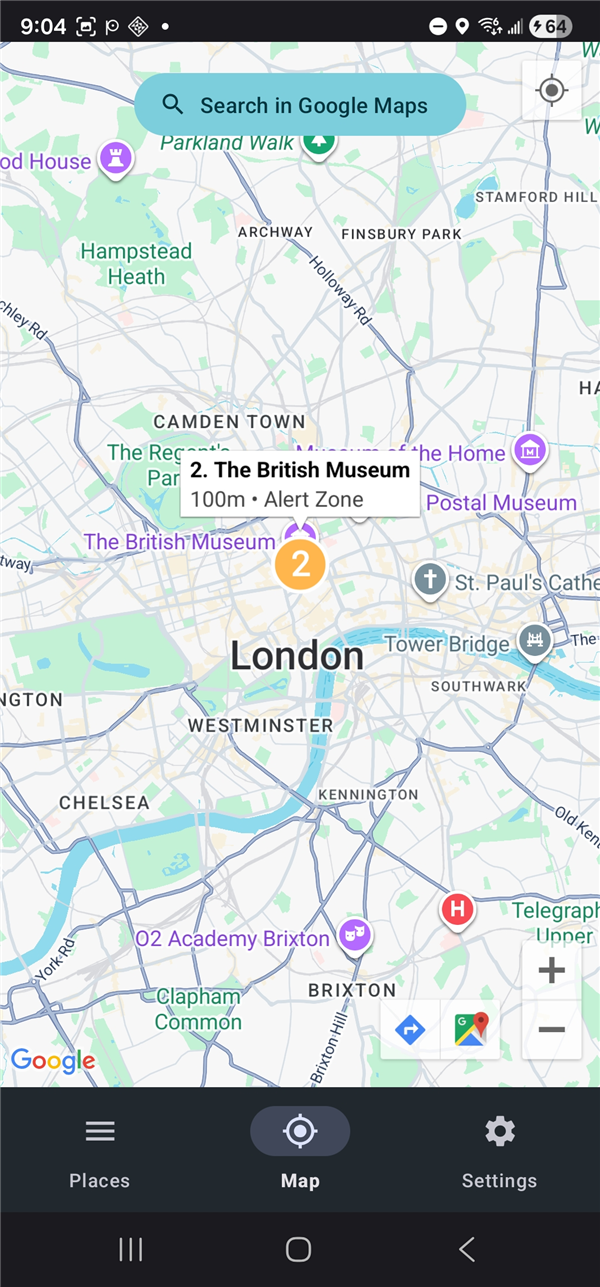 The British Museum pin selected showing 100m Alert Zone popup