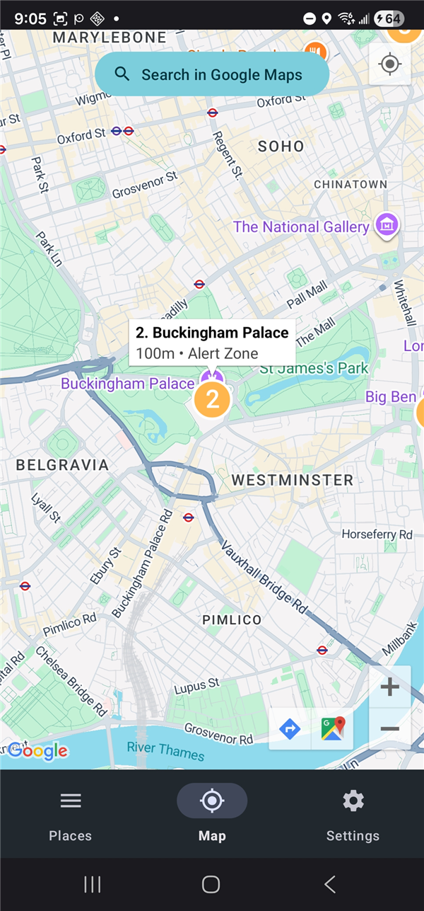 Buckingham Palace pin selected showing 100m Alert Zone popup