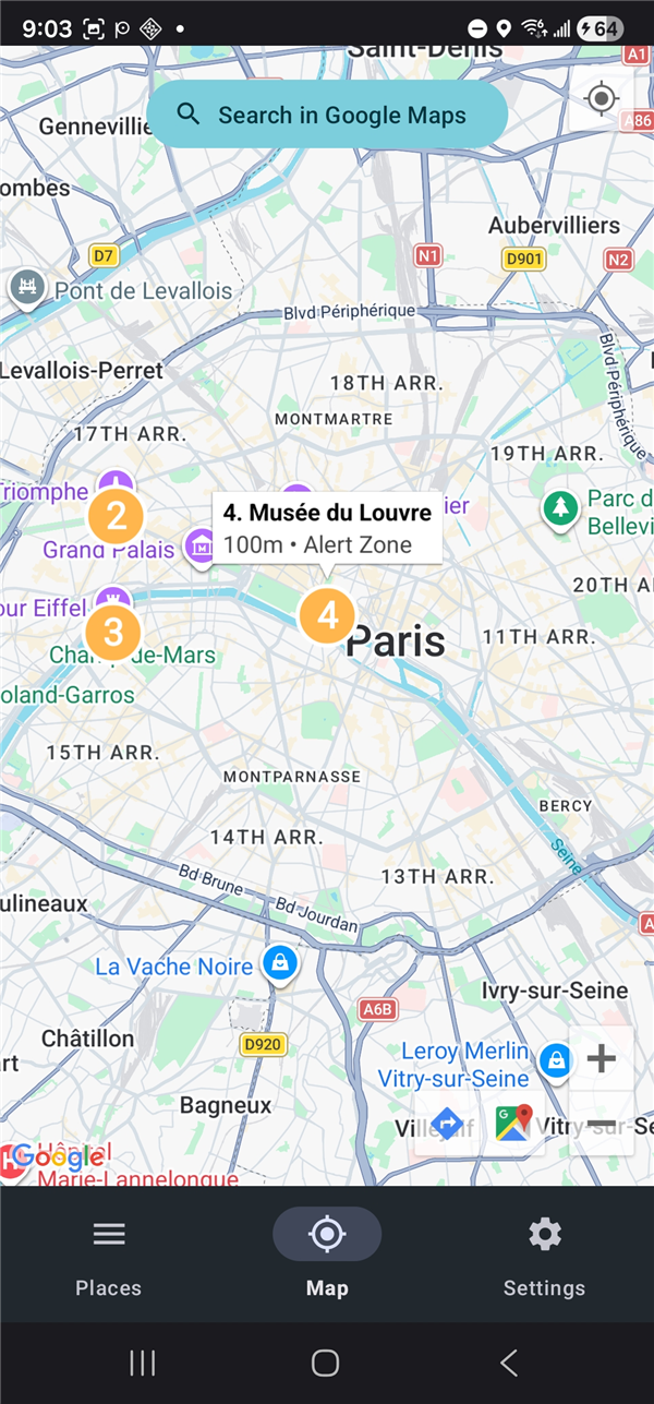 Musée du Louvre pin selected showing 100m Alert Zone popup