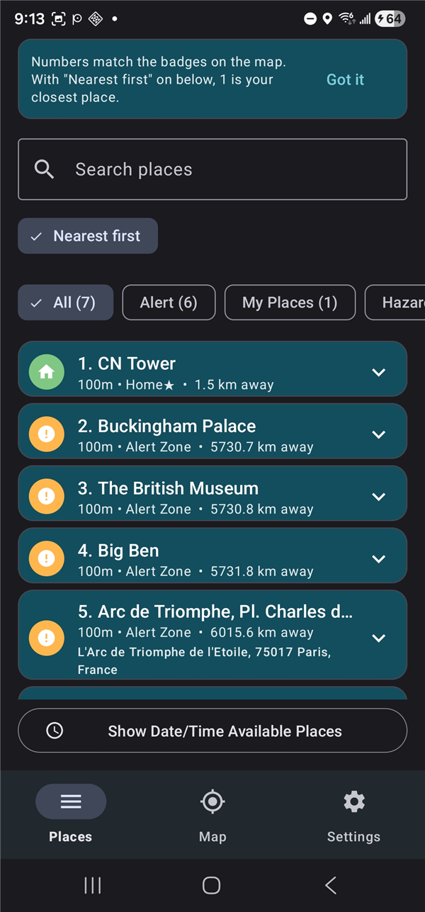 PazBy Places tab showing 7 saved zones — CN Tower as Home plus 6 Alert zones in London and Paris, sorted by distance